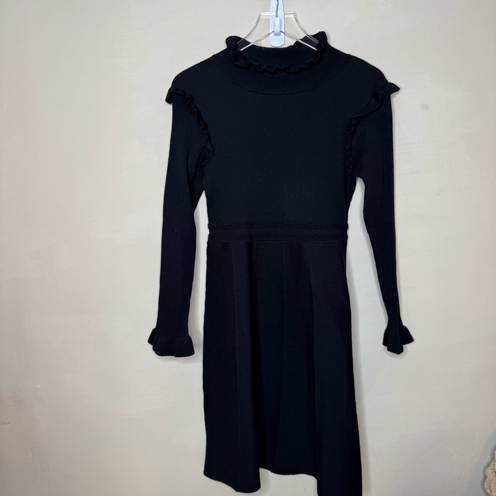 Hailey Lyn Dress Womens medium Petite MP Black Ruffles Knit A-line NWOT